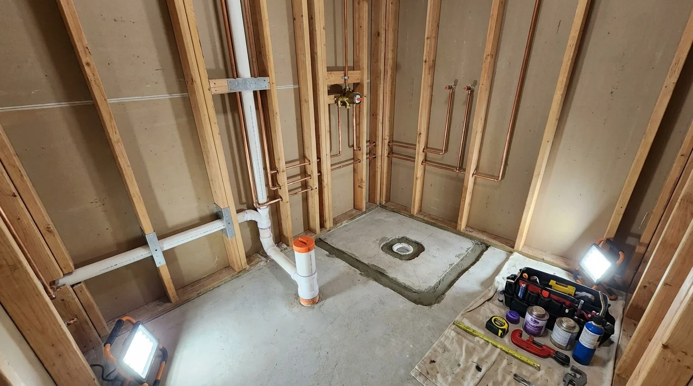Bathroom rough-in plumbing during remodel by Johns Plumbing LLC in Gleason