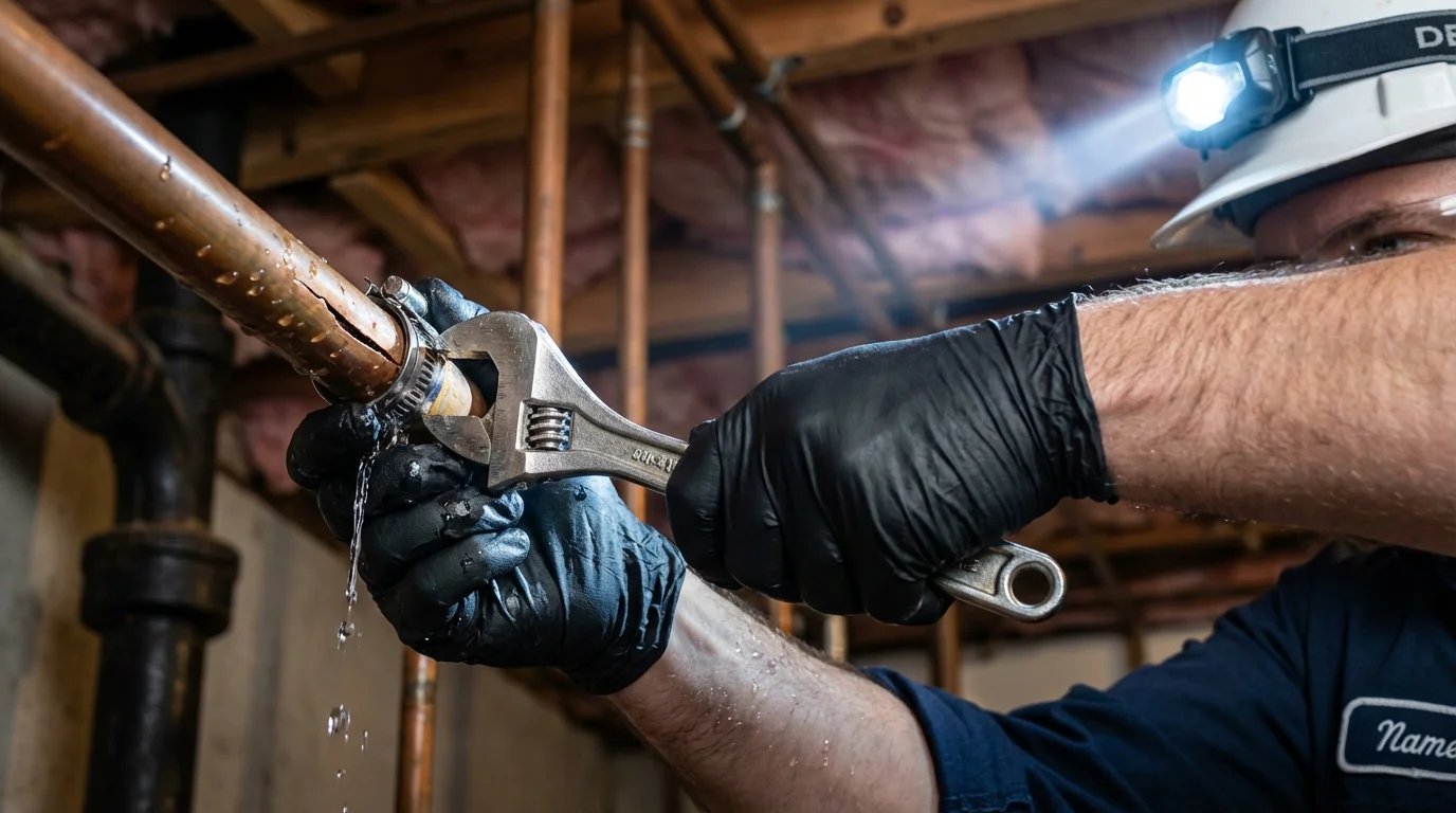 Emergency pipe clamp repair being performed by a Johns Plumbing LLC plumber in Gleason