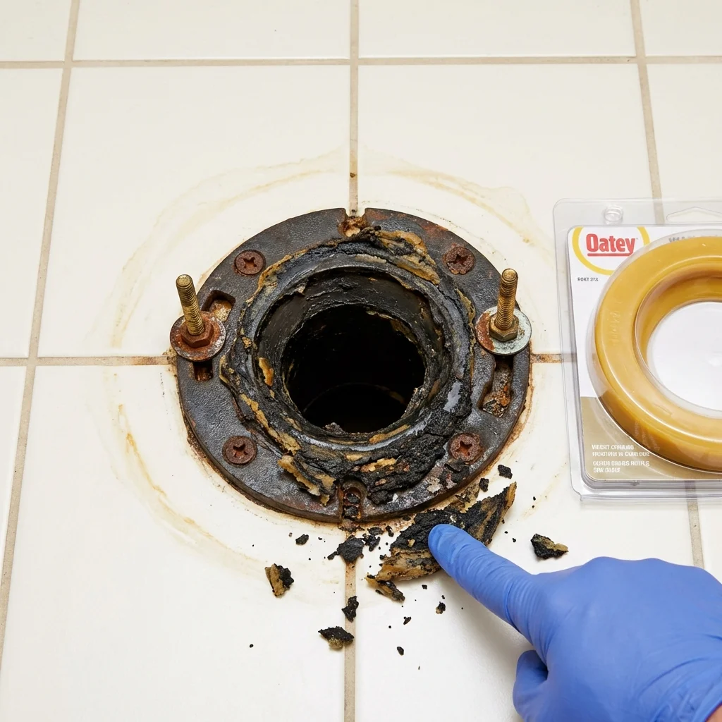 Failed wax ring showing water seepage at the base of a toilet in a Gleason, TN home