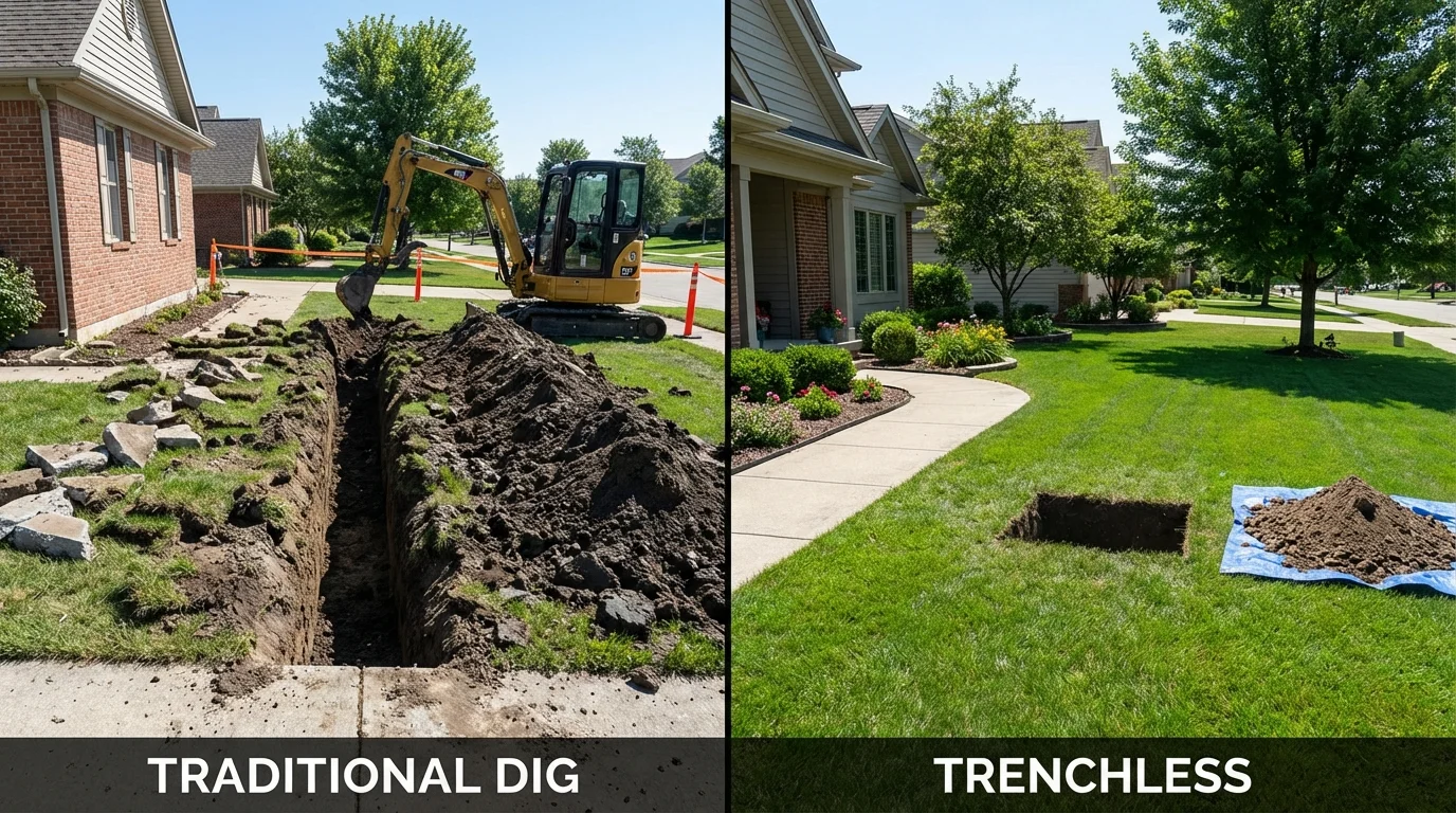 Trenchless sewer repair with minimal yard damage versus traditional excavation in Gleason, TN