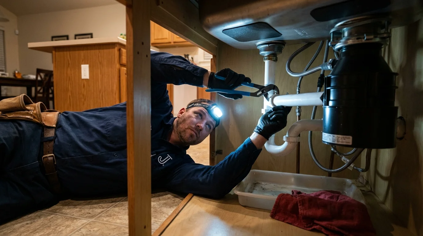 P-trap and supply line connections under a kitchen sink showing a common leak point in Gleason, TN